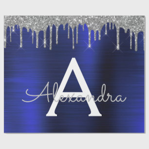 Silver Navy Blue Glitter Brushed Metal Monogram Cadeaupapier