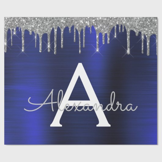 Silver Navy Blue Glitter Brushed Metal Monogram Cadeaupapier (Vlak)