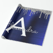 Silver Navy Blue Glitter Brushed Metal Monogram Cadeaupapier (Uitgerold)