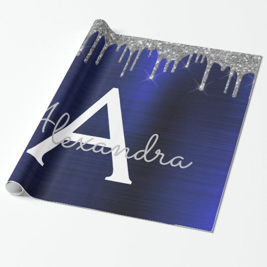 Silver Navy Blue Glitter Brushed Metal Monogram Cadeaupapier (Uitgerold)