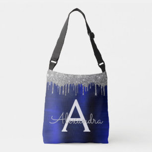 Silver Navy Blue Glitter Brushed Metal Monogram Crossbody Tas