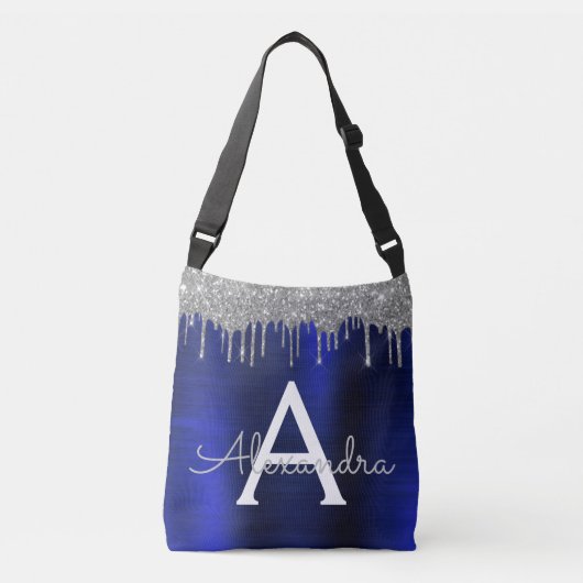 Silver Navy Blue Glitter Brushed Metal Monogram Crossbody Tas (Voorkant)
