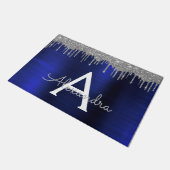 Silver Navy Blue Glitter Brushed Metal Monogram Deurmat (Schuin)