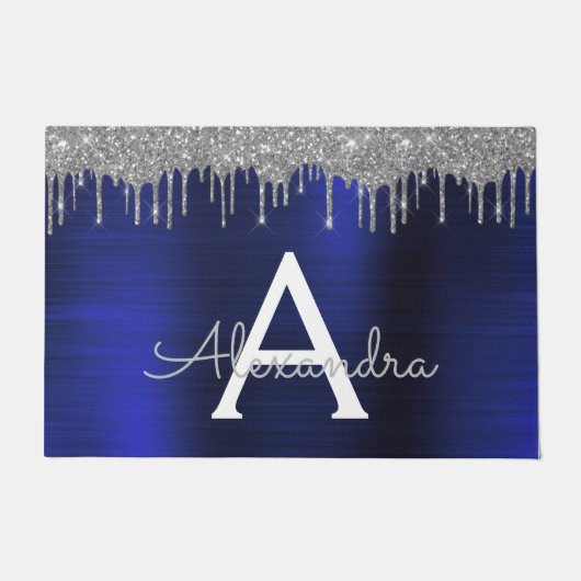Silver Navy Blue Glitter Brushed Metal Monogram Deurmat (Voorkant)