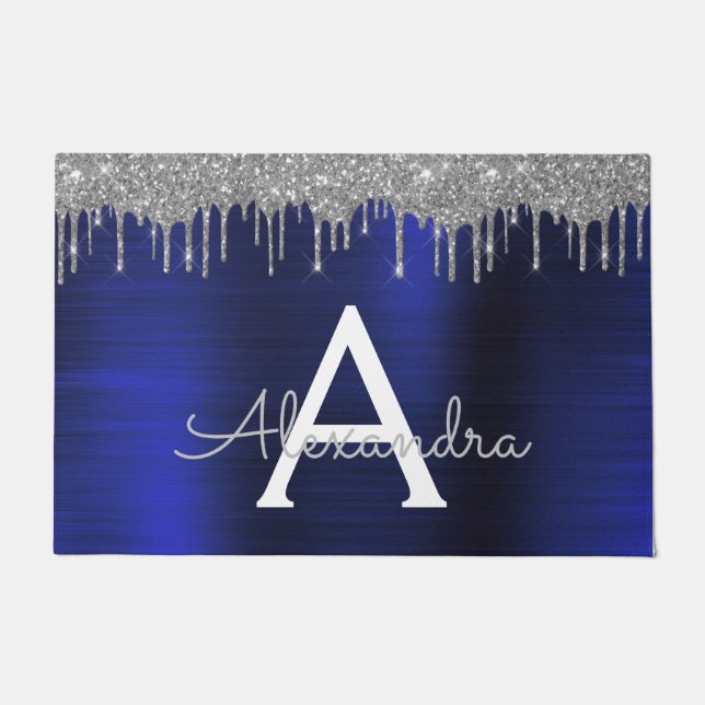 Silver Navy Blue Glitter Brushed Metal Monogram Deurmat (Voorkant)