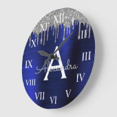 Silver Navy Blue Glitter Brushed Metal Monogram Grote Klok (Hoek)