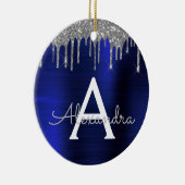 Silver Navy Blue Glitter Brushed Metal Monogram Keramisch Ornament (Rechts)