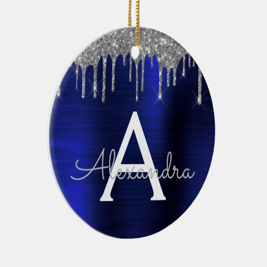 Silver Navy Blue Glitter Brushed Metal Monogram Keramisch Ornament (Rechts)