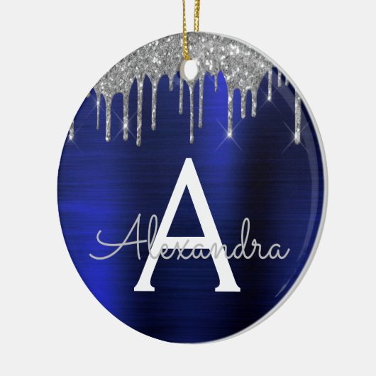 Silver Navy Blue Glitter Brushed Metal Monogram Keramisch Ornament (Links)