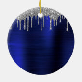 Silver Navy Blue Glitter Brushed Metal Monogram Keramisch Ornament (Achterkant)