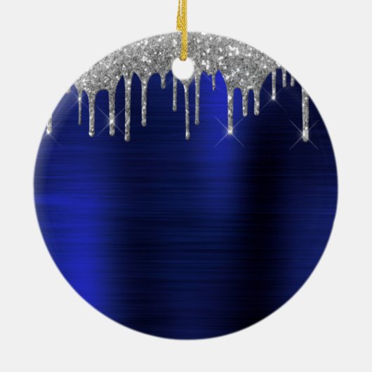 Silver Navy Blue Glitter Brushed Metal Monogram Keramisch Ornament (Achterkant)