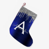Silver Navy Blue Glitter Brushed Metal Monogram Kleine Kerstsok (Voorkant (Hangend))
