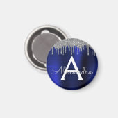 Silver Navy Blue Glitter Brushed Metal Monogram Magneet (Voorkant / Achterkant)