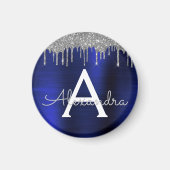 Silver Navy Blue Glitter Brushed Metal Monogram Magneet (Voorkant)