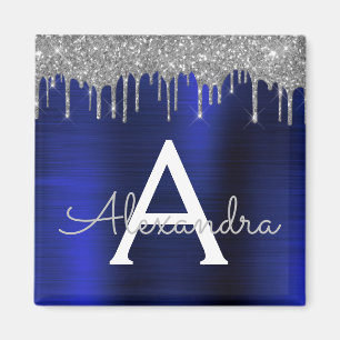 Silver Navy Blue Glitter Brushed Metal Monogram Magneet