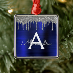 Silver Navy Blue Glitter Brushed Metal Monogram Metalen Ornament