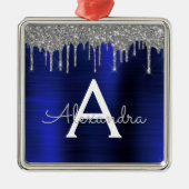 Silver Navy Blue Glitter Brushed Metal Monogram Metalen Ornament (Voorkant)