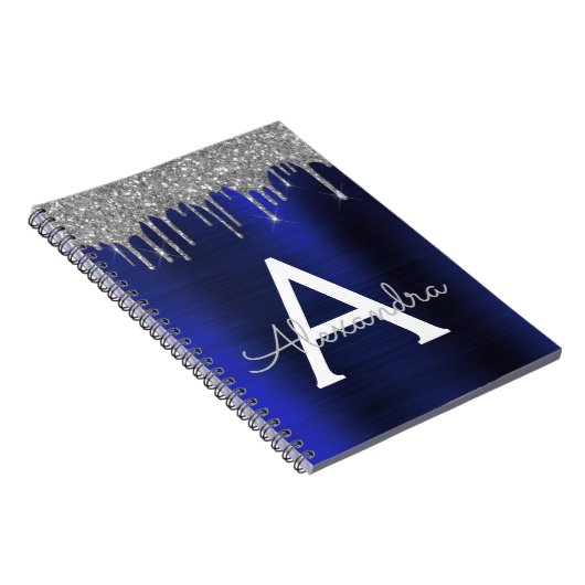 Silver Navy Blue Glitter Brushed Metal Monogram Notitieboek (Rechterzijde)