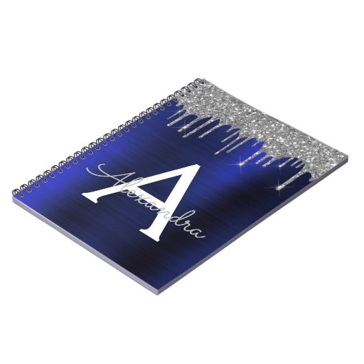 Silver Navy Blue Glitter Brushed Metal Monogram Notitieboek (Linkerzijde)