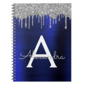 Silver Navy Blue Glitter Brushed Metal Monogram Notitieboek (Voorkant)