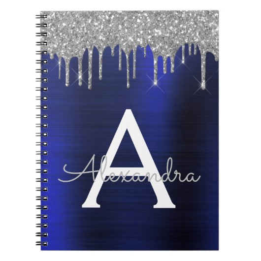 Silver Navy Blue Glitter Brushed Metal Monogram Notitieboek (Voorkant)