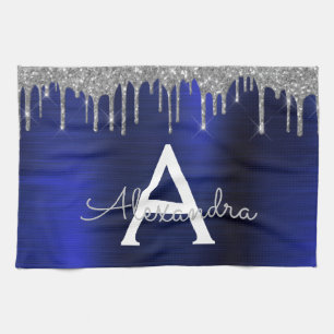 Silver Navy Blue Glitter Brushed Metal Monogram Theedoek