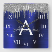 Silver Navy Blue Glitter Brushed Metal Monogram Vierkante Klok (Voorkant)