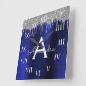 Silver Navy Blue Glitter Brushed Metal Monogram Vierkante Klok (Hoek)