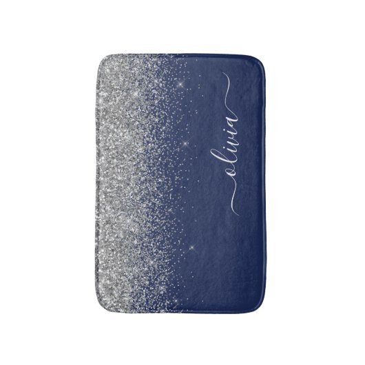 Silver Navy Blue Glitter Girly Monogram Naam Badmat (Voorkant Verticaal)