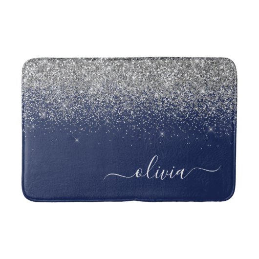 Silver Navy Blue Glitter Girly Monogram Naam Badmat (Voorkant)