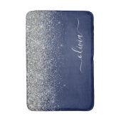 Silver Navy Blue Glitter Girly Monogram Naam Badmat (Voorkant Verticaal)