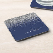 Silver Navy Blue Glitter Girly Monogram Naam Bier Onderzetter (Linkerzijde)