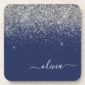 Silver Navy Blue Glitter Girly Monogram Naam Bier Onderzetter (Voorkant)