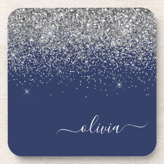 Silver Navy Blue Glitter Girly Monogram Naam Bier Onderzetter (Voorkant)