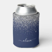 Silver Navy Blue Glitter Girly Monogram Naam Blikjeskoeler (Blikje Voorkant)