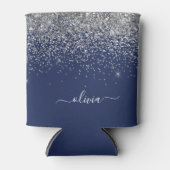 Silver Navy Blue Glitter Girly Monogram Naam Blikjeskoeler (Voorkant)