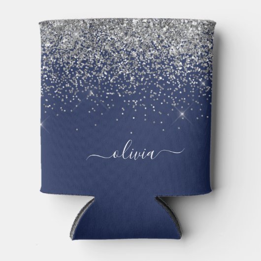 Silver Navy Blue Glitter Girly Monogram Naam Blikjeskoeler (Voorkant)
