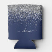 Silver Navy Blue Glitter Girly Monogram Naam Blikjeskoeler (Achterkant)