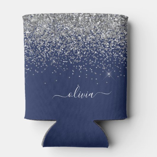 Silver Navy Blue Glitter Girly Monogram Naam Blikjeskoeler (Achterkant)