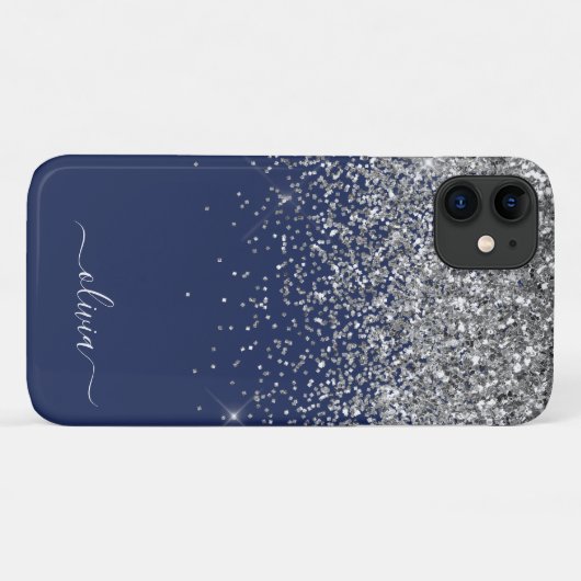 Silver Navy Blue Glitter Girly Monogram Naam Case-Mate iPhone Case (Achterkant (horizontaal))