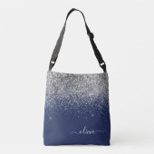 Silver Navy Blue Glitter Girly Monogram Naam Crossbody Tas (Achterkant)