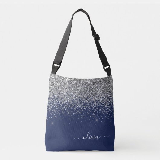 Silver Navy Blue Glitter Girly Monogram Naam Crossbody Tas (Voorkant)