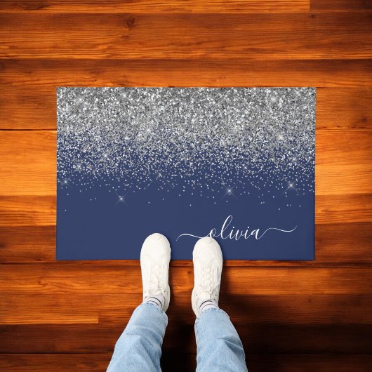 Silver Navy Blue Glitter Girly Monogram Naam Deurmat