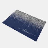 Silver Navy Blue Glitter Girly Monogram Naam Deurmat (Schuin)