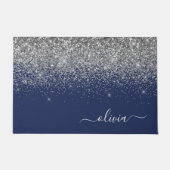 Silver Navy Blue Glitter Girly Monogram Naam Deurmat (Voorkant)