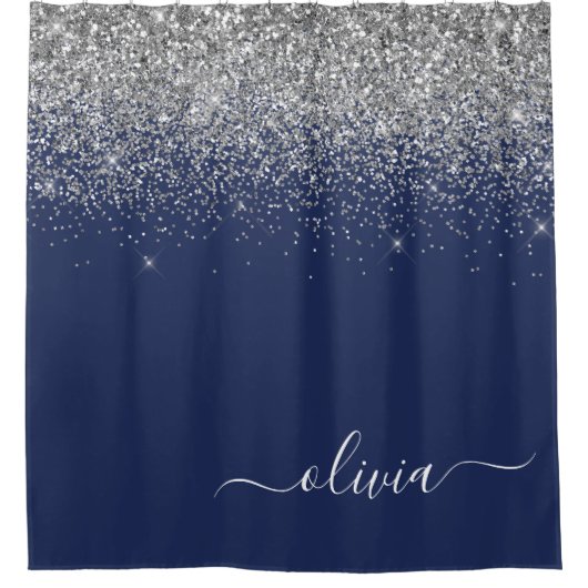 Silver Navy Blue Glitter Girly Monogram Naam Douchegordijn (Voorkant)