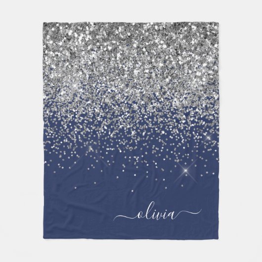 Silver Navy Blue Glitter Girly Monogram Naam Fleece Deken (Voorkant)
