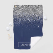 Silver Navy Blue Glitter Girly Monogram Naam Golfhanddoek (Insitu)