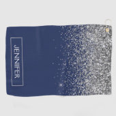 Silver Navy Blue Glitter Girly Monogram Naam Golfhanddoek (Horizontaal)