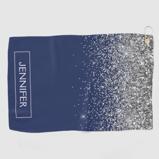 Silver Navy Blue Glitter Girly Monogram Naam Golfhanddoek (Horizontaal)